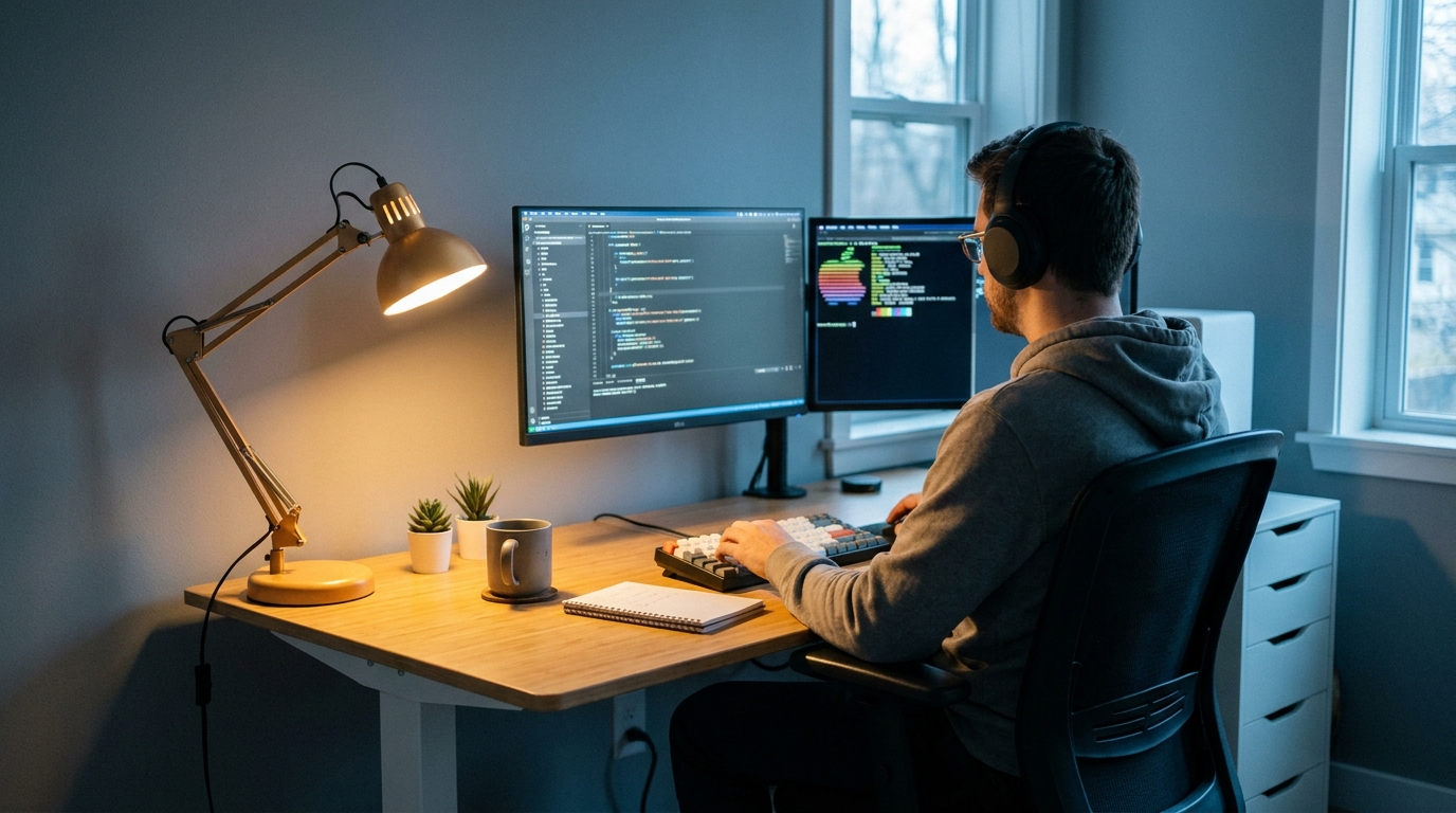 Senior engineer focused at a desk with code on a single monitor.