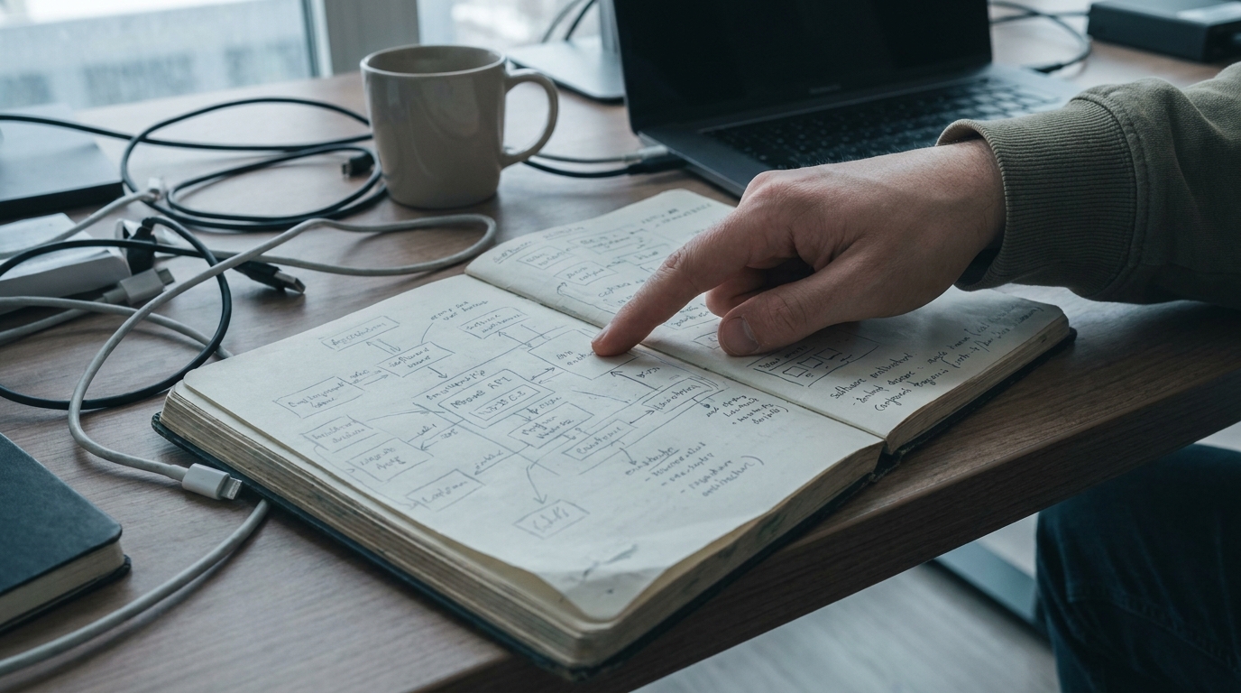Hand pointing at a software architecture diagram on a whiteboard.