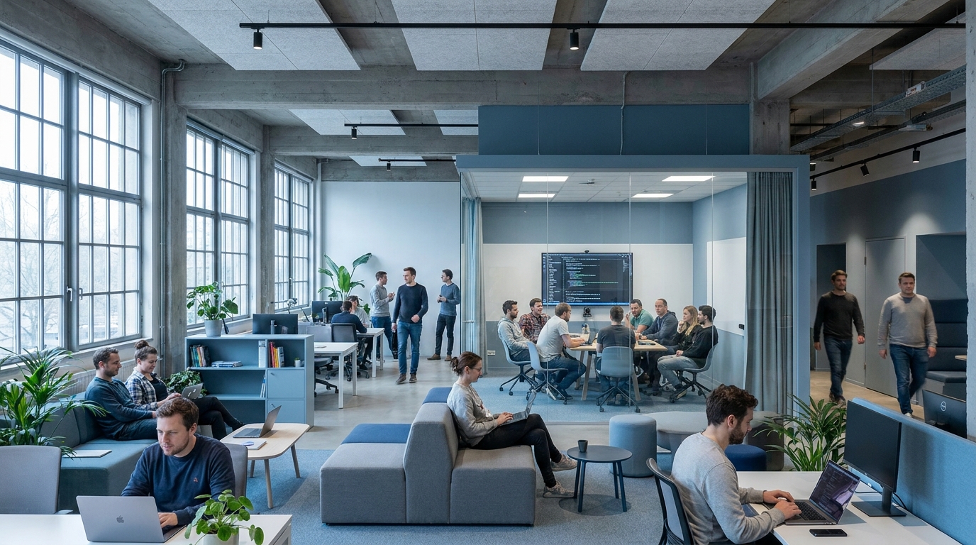 Modern open-plan tech workspace interior in soft natural light.