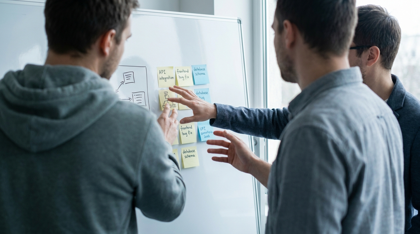 Engineering team in a whiteboard standup, mapping out an embedded pod kickoff.